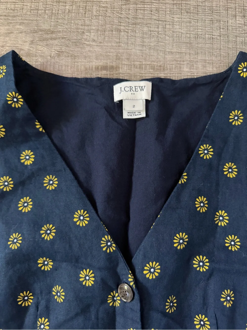 J. Crew Linen Navy Daisy Dress 2 Sheath Button Down Sleeveless Mini Sunflower
